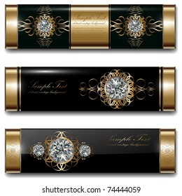 Banners, luxury backgrounds set, gold with diamonds. Vector.