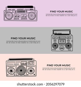 Banners made with cute and old school tape recorders doodles. Minimal composition. Vintage boombox icons. Hand drawn illustration. Text added as an example.