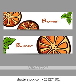 Banners made from hand drawn slices of orange and leafs of mint. Vector illustration