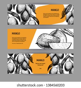 Banners with mango. Black-white mockup design with fruit. Layout for package. Vector illustration.