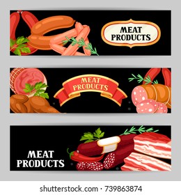 Banners with meat products. Illustration of sausages, bacon and ham.