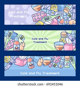 Banners with medicines and medical objects. Treatment of cold and flu.