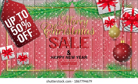 Banners for Merry Christmas, sales, landing pages, web, templates, with gift ornamnet, Christmas leaves, winter concept, elegant and luxurious