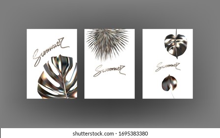 Banners with metallic tropical leaves. Vector illustration