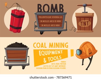 Banners with mining tools. Worker's inventory. Cartoon vector illustration