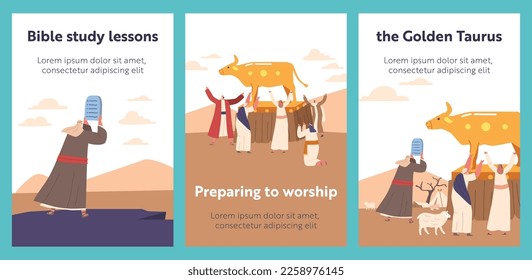 Banners Moses Character Holding Tablets with Ten Commandments. Biblical Narrative about Ancient Jews Worshiping Golden Taurus. Bible Study Lessons Concept. Cartoon People Vector Illustration, Posters