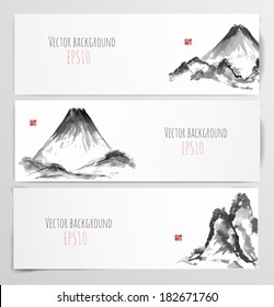 Banners with mountains, hand-drawn with ink in traditional Japanese style sumi-e. Vector illustration. 