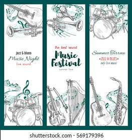 Banners with musical instruments. Vector design for jazz music festival. Saxophone and clef note stave, harp and trumpet, maracas and drums kit, guitar and piano with violin for live sound concert