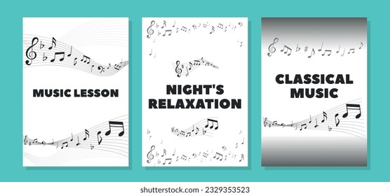 Banners with Musical Note Waves And Treble Clef Signs On Stave. Monochrome Melody Swirl For Music Lesson, Jazz Club