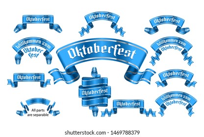 Banners with name of traditional bavarian beer festival Oktoberfest. Ribbons with title Willkommen zum in german from gothic letters. Set of vector isolated realistic blue illustrations