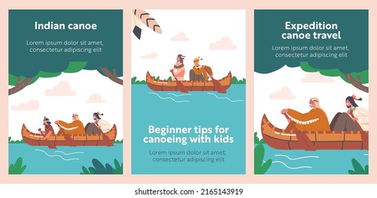 Banners with Native Indian American Children Swim on Canoe, Indigenous Kids Characters Wear Costumes Rowing on Wooden Kayak Boat in the River. Canoeing Sparetime. Cartoon People Vector Posters