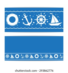 Banners with nautical pattern. Marine concept flyer. Vector sailing symbols.