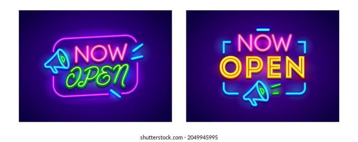 Banners Now Open Concept, Sign For Store, Shop Door, Night Club, Cafe Or Business Company Service. Information Message Neon Glowing Typography Design For Restaurant Or Supermarket. Vector Illustration