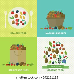 Banners with nuts and berries in flat style. Set of vector illustration concept healthy food