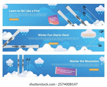 Banners offering ski courses for all skill levels to help you improve your skills and enjoy exciting winter fun in the mountains.