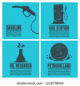 Banners of Oil Business. Oil Development and Extraction Flyer. Gasoline, Petrol Station, Research. World Petrol Production Background. Oil Biz Symbol, Icon and Badge. Simple Vector illustration.