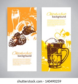 Banner des Oktoberfest Bierdesigns. Handgezeichnete Illustrationen. Hintergründe von Schlagbändern