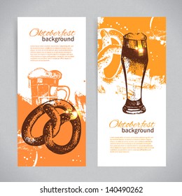 Banners of Oktoberfest beer design. Hand drawn illustrations. Splash blob backgrounds