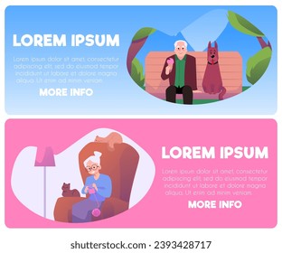 Banners with old people, vector illustrations on white, cartoon style. Happy male and female characters. Old man on bench in park with ice-cream and dog. Woman knits in armchair at home with cat