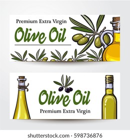 Banners with olive tree branches, oil bottles and place for text, sketch vector illustration isolated on white background. Banner, label design, decoration element with olive oil bottles and leaves