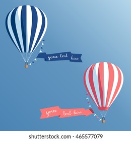 Banners on balloons, hot air balloons with ribbons floating in the sky vector illustration