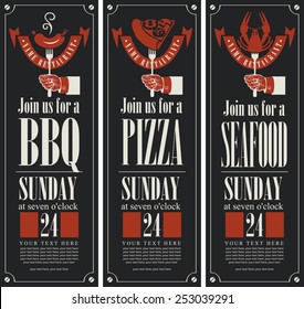 banners on the theme of barbecue, pizza and seafood