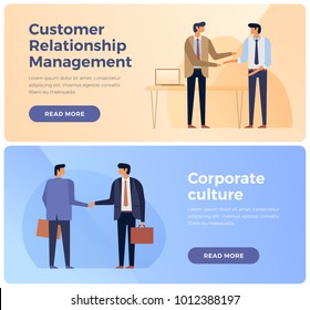 Banners On Theme Of Business, Corporate Culture And Customer Relationship Management. Businessmen Shake Hands. Flat Vector Illustration.