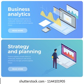 Banners on theme of business and digital technology. Man standing in front of laptop and looks at growth statistics. Financial review with laptop and infographic elements. Isometric illustration.