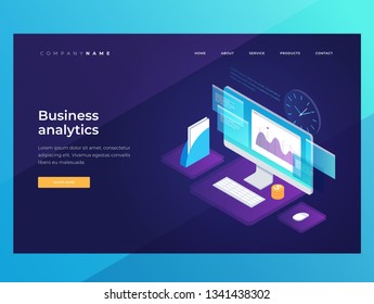 Banners on theme of strategy planning and business analysis. Image of growing charts, financial graphs. Financial review with infographic elements. Landing Page. Isometric illustration.