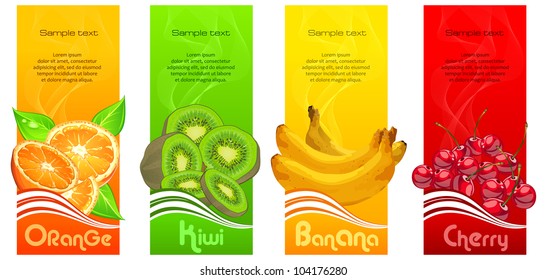 Banners with orange, banana, kiwi and cherries on color background & text, vector illustration