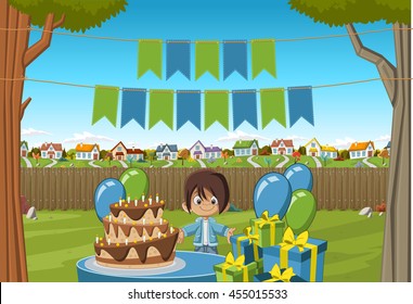 Banners over cartoon boy at a birthday party in the backyard of a colorful house. Suburb neighborhood garden with grass, trees, flowers and houses.