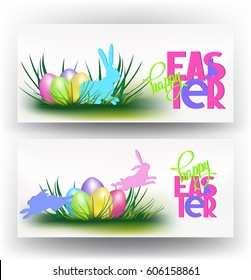 BANNERS WITH PAPER RABBITS, COLORFUL  EGGS AND GRASS. EASTER BACKGROUND. VECTOR ILLUSTRATION