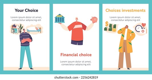 Banners with People Characters Make Choice about Financial Matters. Investments, Working Hours and Deposit Invest Solutions. Successful Money Management Concept. Cartoon Vector Illustration, Poster