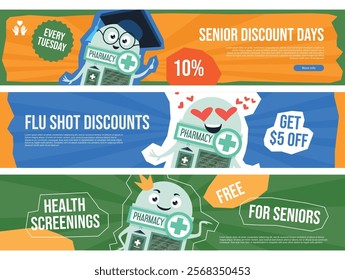 Banners for a pharmacy offering special offers for seniors, including 10 off all purchases, plus flu shots and free health checks