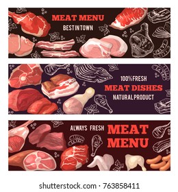 Banners with pictures of meat. Brochure design template for butcher shop. Set of poster with food meat, pork and beef. Vector illustration