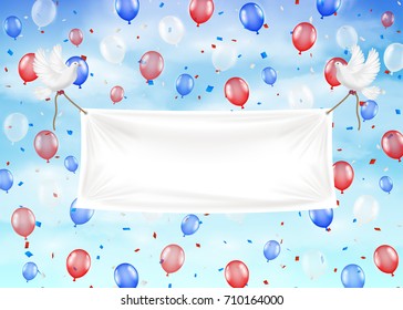 banners with pigeon and ropes balloons on sky