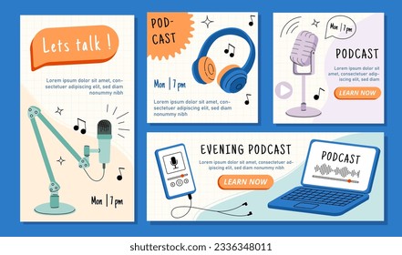 Banners with podcasts elements set. Broadcasting and online streaming. Microphone and headphones. Brochure and flyer. Laptop and smartphone. Cartoon flat vector collection isolated on blue background