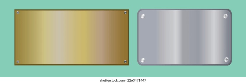 Banners of polished metal plates with screws. Polished metal background with metal texture on a green background. Yellow, gold, bronze and grey metal background for your design