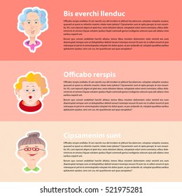 Banners with portraits of elderly woman. Concept of happy life. Colorful modern design vector illustration in flat style. Place for text