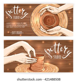 Banners or postcards with traditional pottery making, close up of potter's hands shaping a bowl on the spinning wheel by red clay; hand drawn vector illustration process making crockery