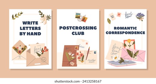 Banners for Postcrossing Club or Romantic Correspondence Gracefully Adorned With Vibrant Flowers, Letter Envelopes
