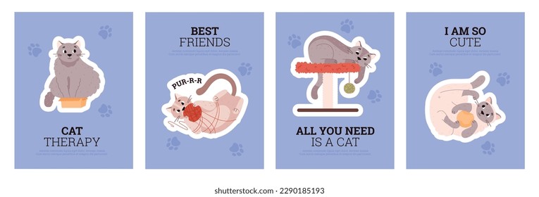 Banners or posters bundle with cute playful cats, flat vector illustrations set. Banners for cat therapy and veterinary clinics, animals care products.