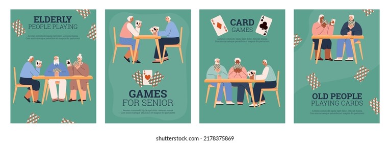 Banners Or Posters Collection With Group Of Elderly Friends Playing Cards, Flat Vector Illustration. Recreation And Gamble Card Games Playing For Seniors.