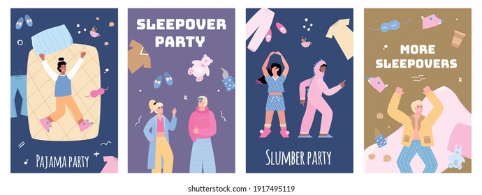 Colección de carteles o afiches para la fiesta nocturna de pajama sobre sueño con gente divertida en ropa de dormir, ilustración vectorial de dibujos animados. Plantilla de invitaciones de la fiesta de pijama de sueño.