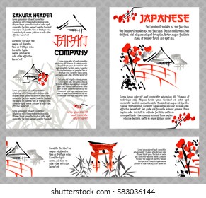 Banners or posters set with asia landscapes, buildings and blossoming sakura branches in traditional japanese sumi-e style. Vector brochure templates
