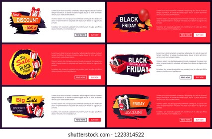 Banners with presents boxes and gifts, balloon and basket with bought items. Price reduction web sites. Discount and offer on black friday autumn vector