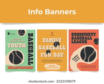 Banners promoting upcoming baseball events, including a youth championship and family fun day, to be held at the community stadium this coming weekend.