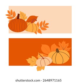 Anuncios con calabazas y hojas de otoño. Plantilla de Vector para tarjeta, Anuncio, invitación, publicación en redes sociales, póster, App móvil, anuncio de Web.