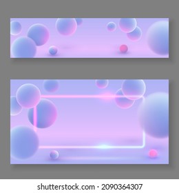 Banners with purple neon frame, rectangle, with realistic blue balls, blured and luminous pink balls in blue light abstract background for advertising, web, poster. Vector illustration. 