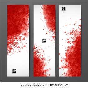 Banners with red blood splashes on realistic paper background. Contains hieroglyph - happiness.